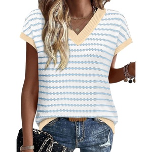 image:imageWIHOLL Womens Short Sleeve Sweater V Neck Cute Summer Fall Striped Pullover1white Blue Beige