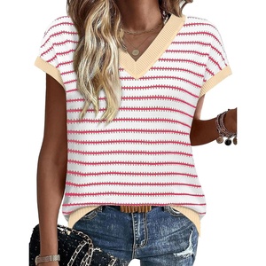 image:imageWIHOLL Womens Short Sleeve Sweater V Neck Cute Summer Fall Striped Pullover1white Pink Beige