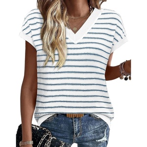 image:imageWIHOLL Womens Short Sleeve Sweater V Neck Cute Summer Fall Striped PulloverBlue White
