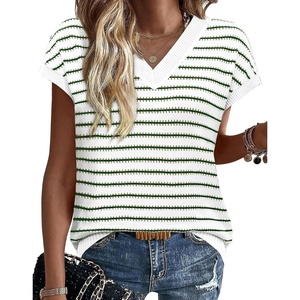 image:imageWIHOLL Womens Short Sleeve Sweater V Neck Cute Summer Fall Striped PulloverGreen White
