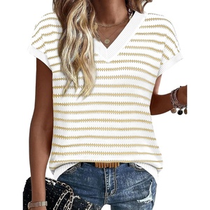 image:imageWIHOLL Womens Short Sleeve Sweater V Neck Cute Summer Fall Striped PulloverKhaki White
