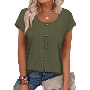 image:imageWIHOLL Womens Summer Tops Cap Short Sleeve Shirts Button Down Blouses U Neck T Shirts Fashion ClothingArmy Green