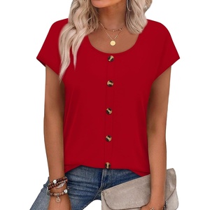 image:imageWIHOLL Womens Summer Tops Cap Short Sleeve Shirts Button Down Blouses U Neck T Shirts Fashion ClothingClassi Red