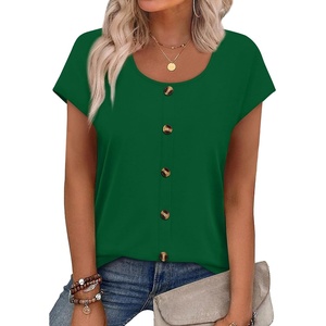 image:imageWIHOLL Womens Summer Tops Cap Short Sleeve Shirts Button Down Blouses U Neck T Shirts Fashion ClothingGreen