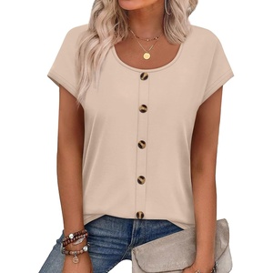 image:imageWIHOLL Womens Summer Tops Cap Short Sleeve Shirts Button Down Blouses U Neck T Shirts Fashion ClothingKhaki