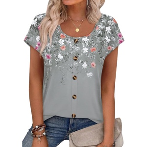 image:imageWIHOLL Womens Summer Tops Cap Short Sleeve Shirts Button Down Blouses U Neck T Shirts Fashion ClothingLeaf Print
