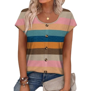 image:imageWIHOLL Womens Summer Tops Cap Short Sleeve Shirts Button Down Blouses U Neck T Shirts Fashion ClothingMultistriped