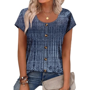 image:imageWIHOLL Womens Summer Tops Cap Short Sleeve Shirts Button Down Blouses U Neck T Shirts Fashion ClothingNavy Boho