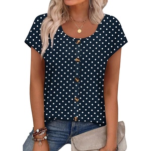 image:imageWIHOLL Womens Summer Tops Cap Short Sleeve Shirts Button Down Blouses U Neck T Shirts Fashion ClothingNavy Polka Dot