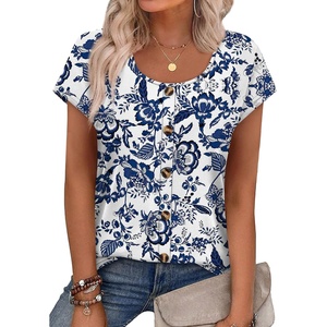 image:imageWIHOLL Womens Summer Tops Cap Short Sleeve Shirts Button Down Blouses U Neck T Shirts Fashion ClothingUnique Floral Blue