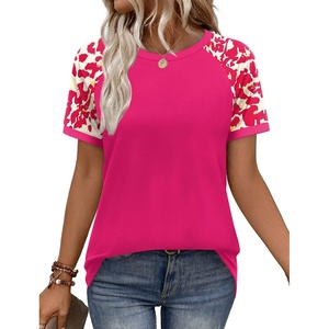 image:imageWIHOLL Womens Summer Tops Color Block Short Sleeve Raglan Shirts Spring Fashion Clothes Vacation OutfitsLeopard Pink