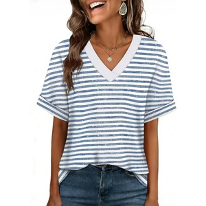 image:imageWIHOLL Womens Summer Tops Short Sleeve Shirts Loose Fit T Shirts V Neck Dressy Casual Blouse 2026 Fashion Clothing Stripe Blue S