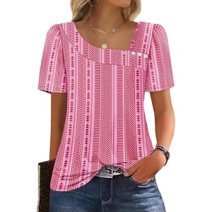 image:imageWIHOLL Womens Summer Tops Short Sleeve Shirts Square Neck Spring Outfits 2026 Fashion Clothing BlousesStripes Hot Pink