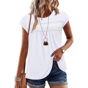 image:imageWIHOLL Womens Summer Tops Trendy 2026 Lace Crochet Cap Short Sleeve Shirts Crew Neck T Shirts Casual Loose BlousesAll White