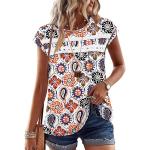 image:imageWIHOLL Womens Summer Tops Trendy 2026 Lace Crochet Cap Short Sleeve Shirts Crew Neck T Shirts Casual Loose BlousesFloral Boho