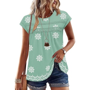 image:imageWIHOLL Womens Summer Tops Trendy 2026 Lace Crochet Cap Short Sleeve Shirts Crew Neck T Shirts Casual Loose BlousesFloral Green