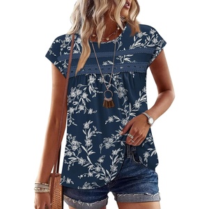 image:imageWIHOLL Womens Summer Tops Trendy 2026 Lace Crochet Cap Short Sleeve Shirts Crew Neck T Shirts Casual Loose BlousesFloral Navy