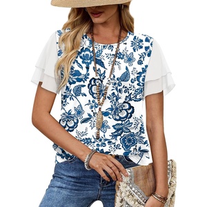 image:imageWIHOLL Womens Summer Tops Trendy Ruffle Sleeve Shirts Casual Chiffon Blouses Beach Vacation Clothes0blue White Florals