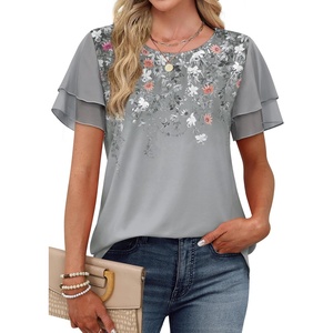 image:imageWIHOLL Womens Summer Tops Trendy Ruffle Sleeve Shirts Casual Chiffon Blouses Beach Vacation ClothesGray Floral