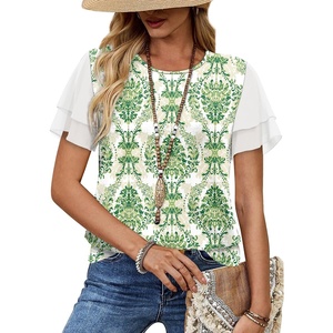 image:imageWIHOLL Womens Summer Tops Trendy Ruffle Sleeve Shirts Casual Chiffon Blouses Beach Vacation ClothesGreen Ethnic Florals