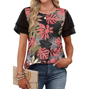 image:imageWIHOLL Womens Summer Tops Trendy Ruffle Sleeve Shirts Casual Chiffon Blouses Beach Vacation ClothesTropical Floral
