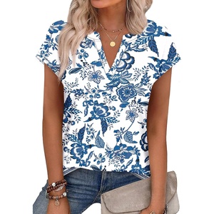 image:imageWIHOLL Womens Summer Tops V Neck T Shirts Cap Sleeve Business Casual Outfits Loose Fit Beach Vacation Clothes Basic Tees1blue White Ethnic