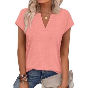 image:imageWIHOLL Womens Summer Tops V Neck T Shirts Cap Sleeve Business Casual Outfits Loose Fit Beach Vacation Clothes Basic Tees1coral
