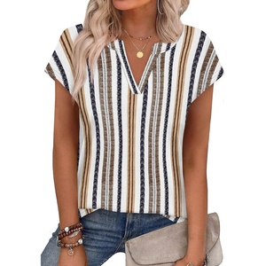 image:imageWIHOLL Womens Summer Tops V Neck T Shirts Cap Sleeve Business Casual Outfits Loose Fit Beach Vacation Clothes Basic Tees1retro Stripes