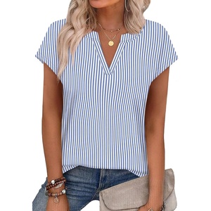 image:imageWIHOLL Womens Summer Tops V Neck T Shirts Cap Sleeve Business Casual Outfits Loose Fit Beach Vacation Clothes Basic Tees2blue White Stripes
