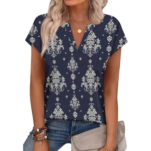 image:imageWIHOLL Womens Summer Tops V Neck T Shirts Cap Sleeve Business Casual Outfits Loose Fit Beach Vacation Clothes Basic Tees2navy Ethnic Print