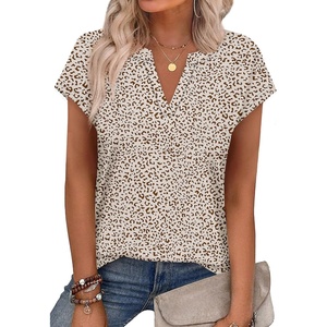 image:imageWIHOLL Womens Summer Tops V Neck T Shirts Cap Sleeve Business Casual Outfits Loose Fit Beach Vacation Clothes Basic Tees4khaki Leopard
