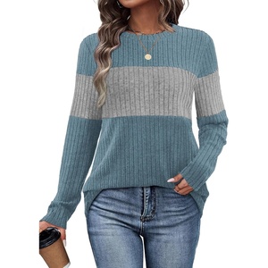 image:imageWIHOLL Womens Sweaters Trendy Color Block Tops Long Sleeve Shirts Fall Outfits Early Fall Fashion 2026 Winter ClothingUnique Muted Blue Grey