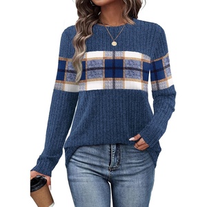 image:imageWIHOLL Womens Sweaters Trendy Color Block Tops Long Sleeve Shirts Fall Outfits Early Fall Fashion 2026 Winter ClothingUnique Plaid Navy