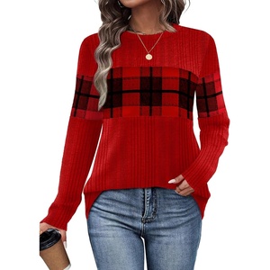 image:imageWIHOLL Womens Sweaters Trendy Color Block Tops Long Sleeve Shirts Fall Outfits Early Fall Fashion 2026 Winter ClothingUnique Plaid Red