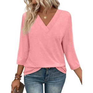 image:imageWIHOLL Womens Tops 34 Length Sleeve V Neck Casual Tunic Tops Basic Shirts Loose Fit BlouseB Coral