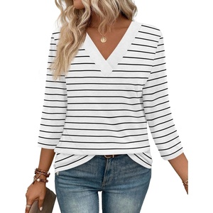 image:imageWIHOLL Womens Tops 34 Length Sleeve V Neck Casual Tunic Tops Basic Shirts Loose Fit BlouseD White Black