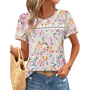 image:imageWIHOLL Womens Tops Boho Summer Outfits 2026 Short Sleeve Shirts with Lace Beach Vacation Clothes Casual S3XL1pink Floral