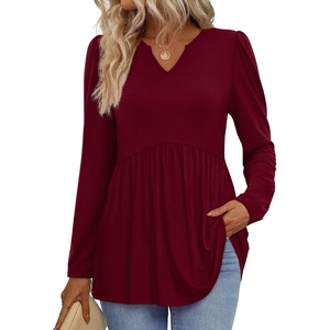 image:imageWIHOLL Womens Tops Long Sleeve Fall Shirts Babydoll Peplum Tops for Women V Neck Tunic Dressy Casual BlousesBurgundy