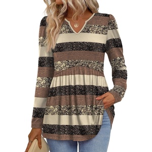 image:imageWIHOLL Womens Tops Long Sleeve Fall Shirts Babydoll Peplum Tops for Women V Neck Tunic Dressy Casual BlousesStriped Brown