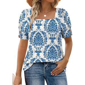 image:imageWIHOLL Womens Tops Summer Short Sleeve Shirts Square Neck Spring Outfits 2026 Fashion Clothing BlousesBoho Blue