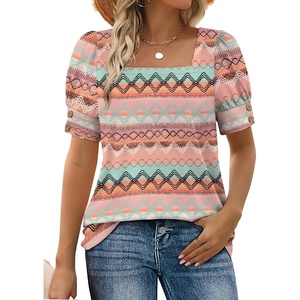 image:imageWIHOLL Womens Tops Summer Short Sleeve Shirts Square Neck Spring Outfits 2026 Fashion Clothing BlousesBoho Stripes