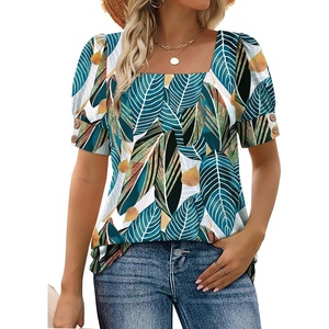 image:imageWIHOLL Womens Tops Summer Short Sleeve Shirts Square Neck Spring Outfits 2026 Fashion Clothing BlousesPalm Leaves