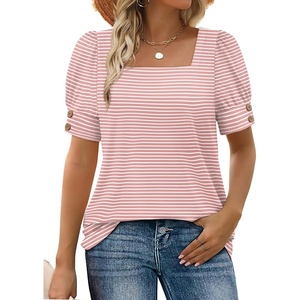 image:imageWIHOLL Womens Tops Summer Short Sleeve Shirts Square Neck Spring Outfits 2026 Fashion Clothing BlousesPink Stripes