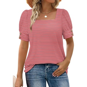 image:imageWIHOLL Womens Tops Summer Short Sleeve Shirts Square Neck Spring Outfits 2026 Fashion Clothing BlousesRed Stripes