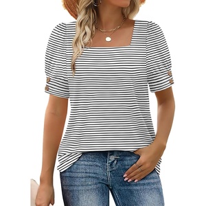 image:imageWIHOLL Womens Tops Summer Short Sleeve Shirts Square Neck Spring Outfits 2026 Fashion Clothing BlousesWhite Stripes