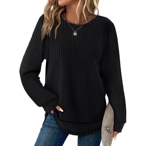image:imageWIHOLL Womens Waffle Knit Tunic Tops Fall Long Sleeve Shirts Curved HemBlack