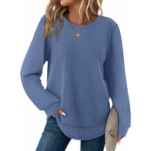 image:imageWIHOLL Womens Waffle Knit Tunic Tops Fall Long Sleeve Shirts Curved HemBlue