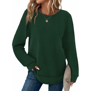 image:imageWIHOLL Womens Waffle Knit Tunic Tops Fall Long Sleeve Shirts Curved HemGreen