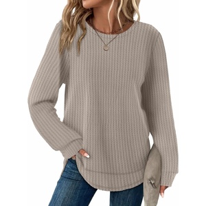 image:imageWIHOLL Womens Waffle Knit Tunic Tops Fall Long Sleeve Shirts Curved HemKhaki