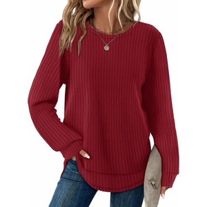 image:imageWIHOLL Womens Waffle Knit Tunic Tops Fall Long Sleeve Shirts Curved HemRed
